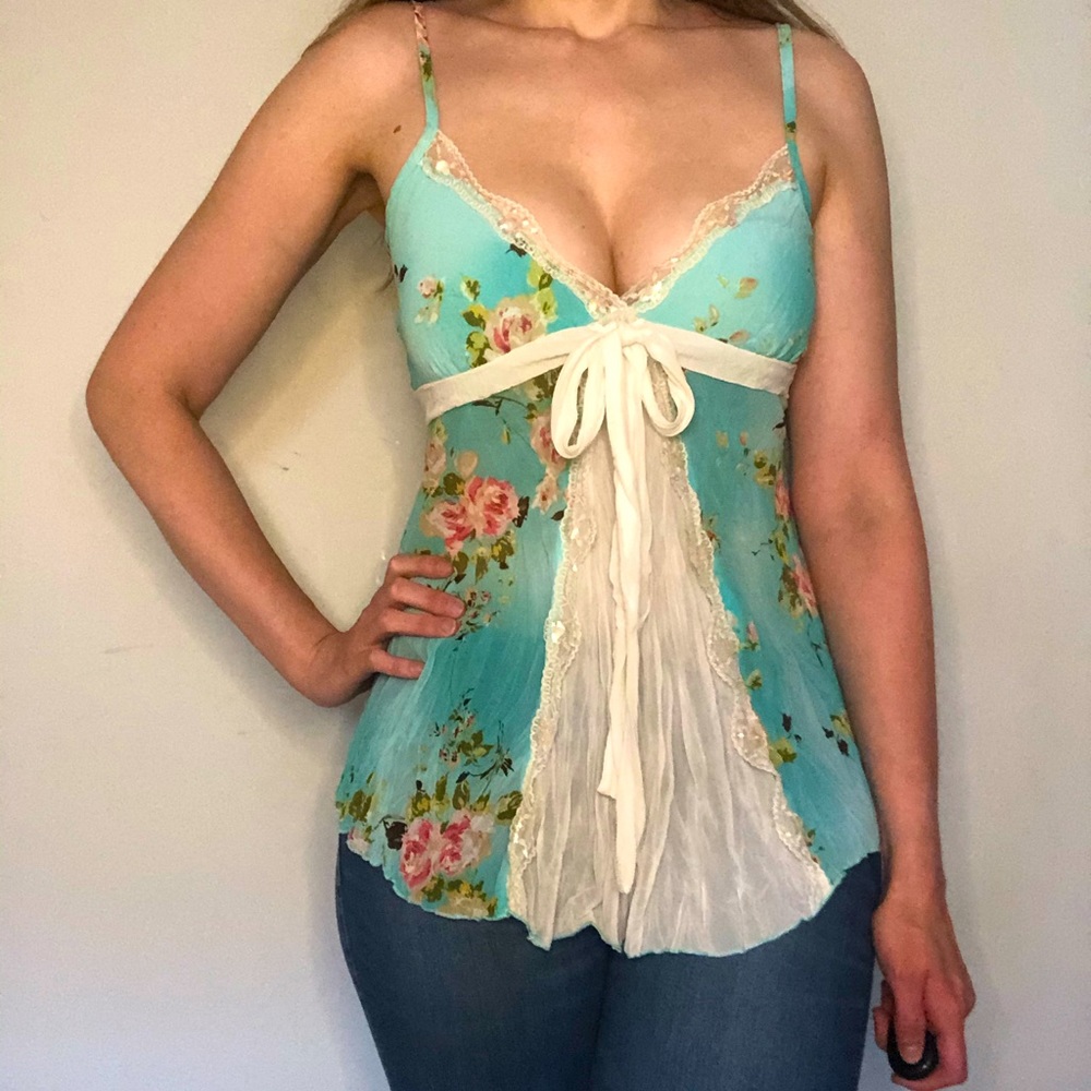 Forever 21 Turquoise Floral Spaghetti Strap Top